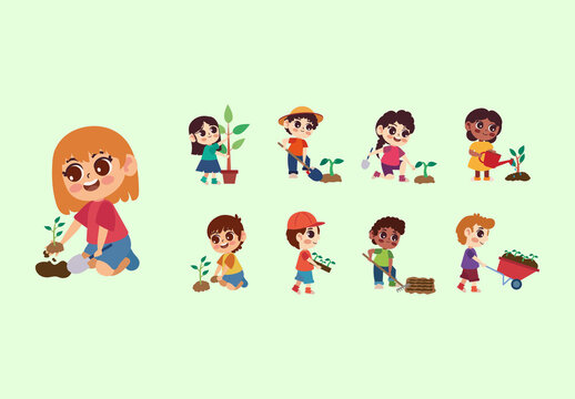 Colorful Kids Gardening Tree Planting Illustration Set