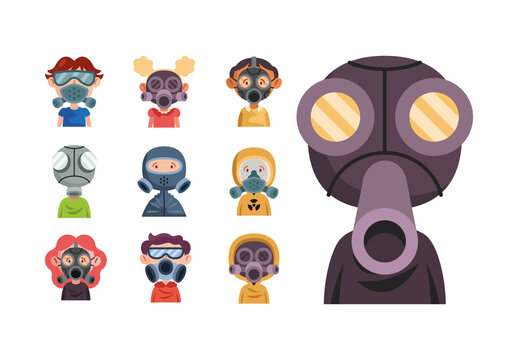 Colorful Kids Wearing Protective Gas Mask Illustration Set