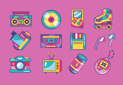 Colorful Retro Nineties Pop Art Illustration Set