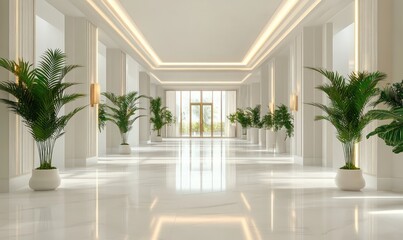 Fototapeta premium Luxurious hotel lobby, plants, marble floor, outdoor view, interior design