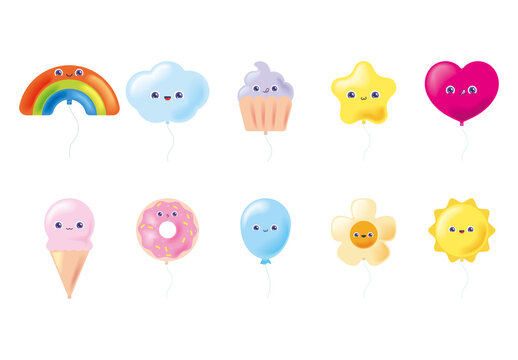Multicolor Kawaii Helium Balloons Icons Set