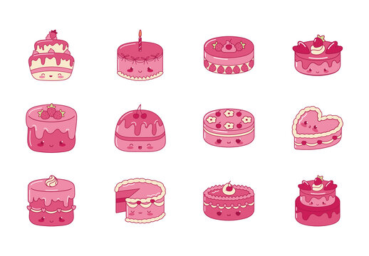 Pink Birthday Kawaii Cake Sweet Dessert Icons Set