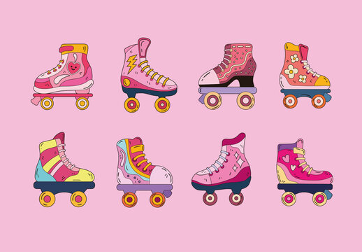 Pink Retro Roller Skate Pop Art Illustration Set