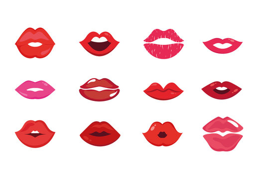 Red and Pink Romantic Kiss Lips Icons Set