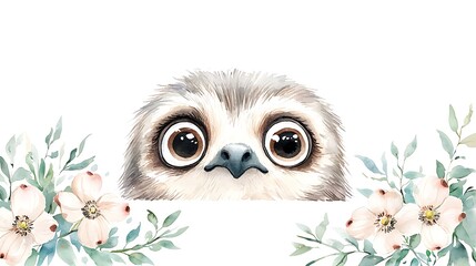 Obraz premium Adorable sloth peeking among nature's flowers watercolor style art whimsical serene close-up
