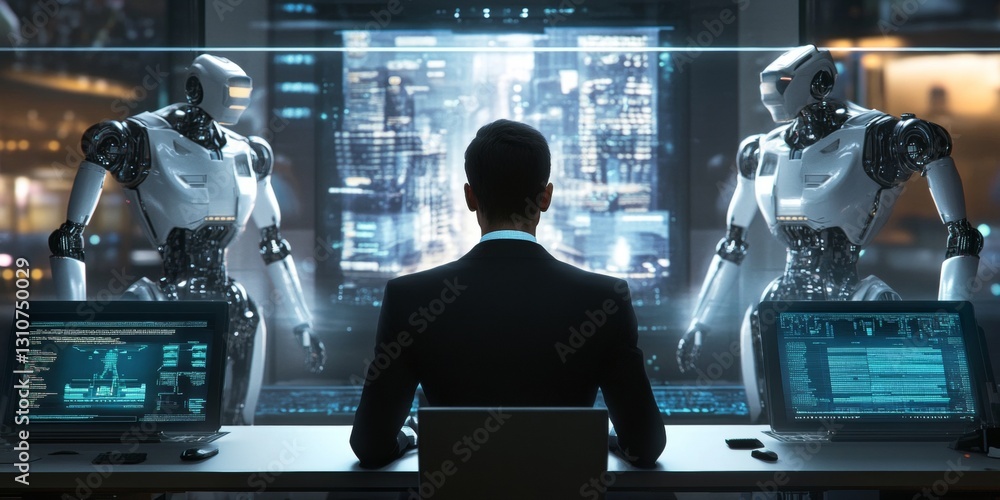 Poster a man is sitting at a desk with two robots in front of him