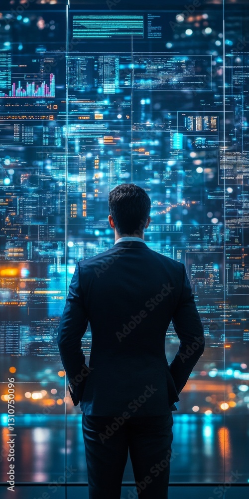 Aufkleber a man in a suit stands in front of a computer screen with a city view