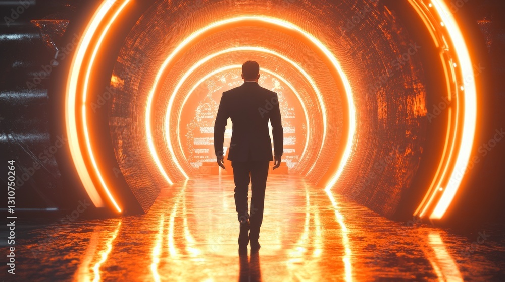 Canvas Prints a man is walking through a tunnel with orange walls