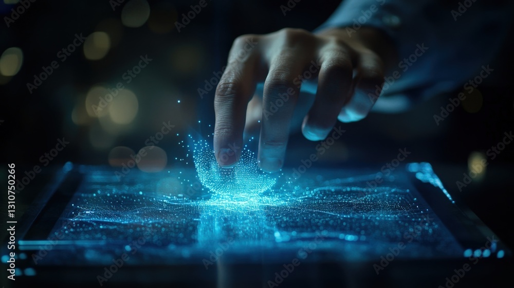 Poster businessman touching holographic interface displayed on a digital tablet, manipulating data and info