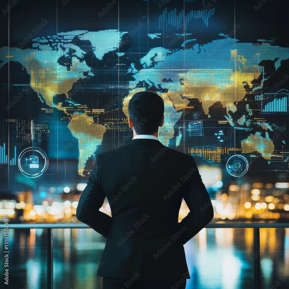 Poster a man in a suit is looking at a computer screen with a map of the world on it