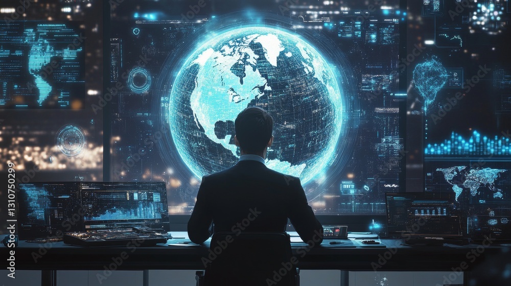 Poster a man is sitting in front of a computer monitor with a globe on it