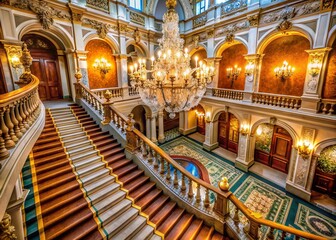 Obraz premium Opulent Grand Staircase in Luxurious Palace Interior with Lavish Chandeliers and Warm Lighting