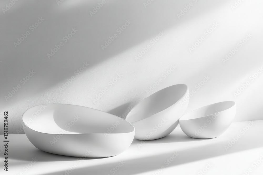 Poster floating 3d shapes with elegant reflections and soft shadows on a white background create a minimali