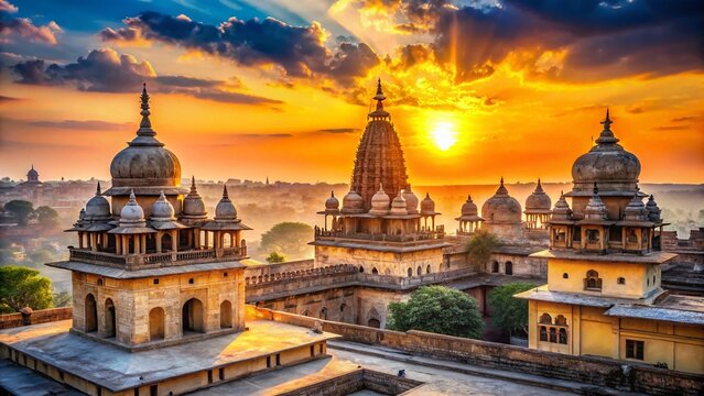 Orchha, India: Rooftop Chhatris & Architectural Wonders at Sunset - Stock Photo