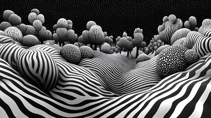 Abstract black and white landscape with stylized trees and hills, possible use for surreal wallpaper or digital art