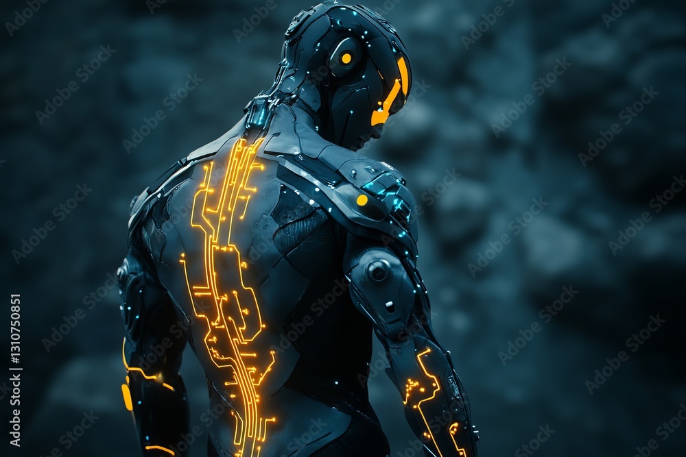 Poster futuristic robot with neon patterns and technological design