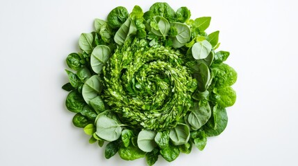 Circular Arrangement of Fresh Green Leafy Vegetables on White Surface