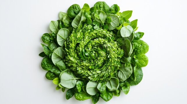 Circular Arrangement of Fresh Green Leafy Vegetables on White Surface