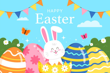 flat background easter egg holiday with bunny cute