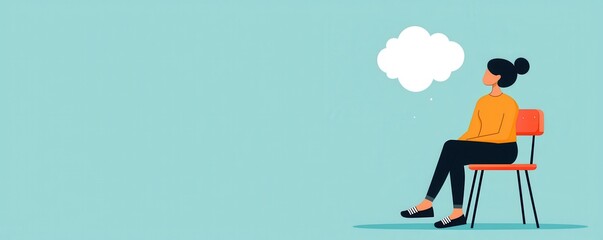 breaking free from fear concept. A person sits thoughtfully on a chair, gazing at a cloud against a mint green background.