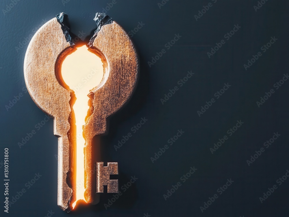 Poster breaking free from fear concept. a broken keyhole with glowing light, symbolizing unlocking potentia