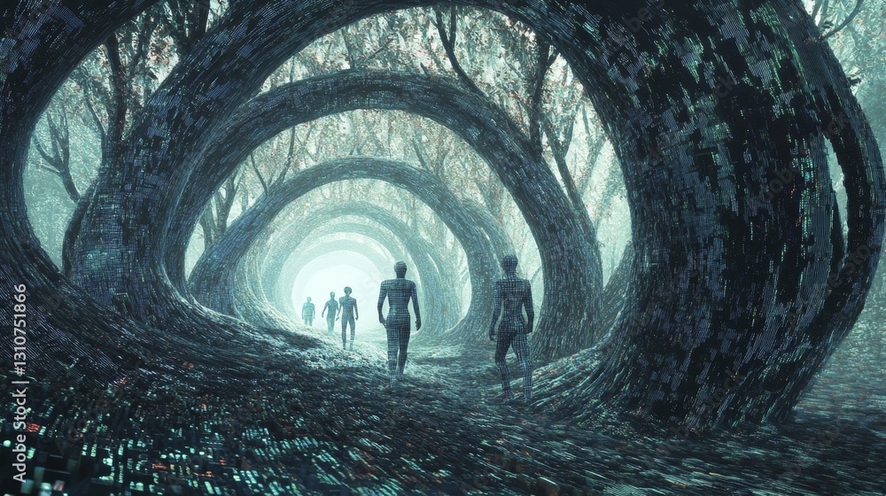 Aufkleber surreal digital forest with abstract figures and pixelated trees