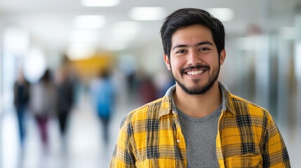 Obraz premium Portrait of Latino male student smiling walking in school hallway