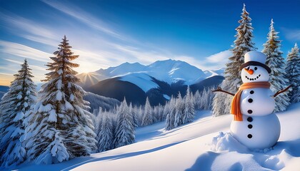 Fototapeta premium abstract illustration of a snowman in an idyllic snowy winter landscape hills and mountains and snow covered trees ai generated