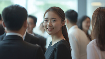 Asian business woman talking to other people at seminar