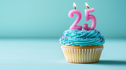 Cupcake to celebrate the 25th birthday anniversary, with pink candles