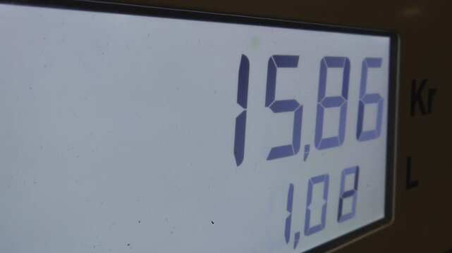 Stockholm, Sweden A gas pump reads out liters and prices in Swedish kronor. 