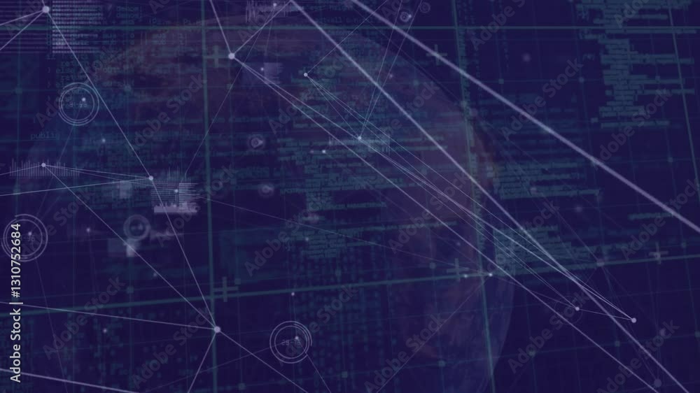 Aufkleber animation of digital network connections and data visualization in dark blue theme