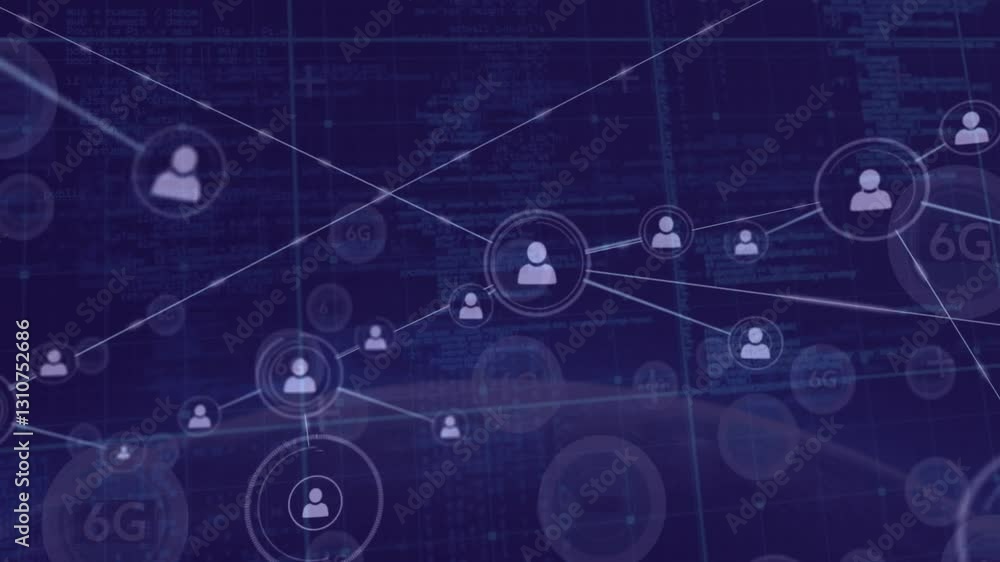 Poster animation of connected user icons over digital data in school coding background