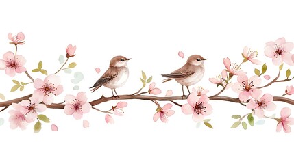 Fototapeta premium Nature-inspired watercolor style flowers and birds in spring serene art floral whimsical