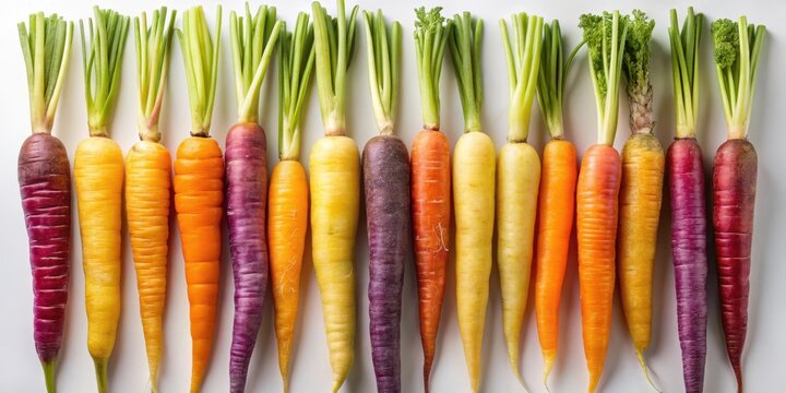 A vibrant row of colorful carrots, showcasing a spectrum of hues and textures, arranged in a neat and visually appealing display.