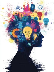 Creative symbols burst from a silhouette, representing innovation and imagination in a vibrant artistic display