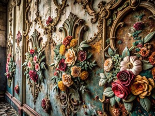 Obraz premium Ornate Floral Monochrome Design: Abandoned Building Urban Exploration Photography