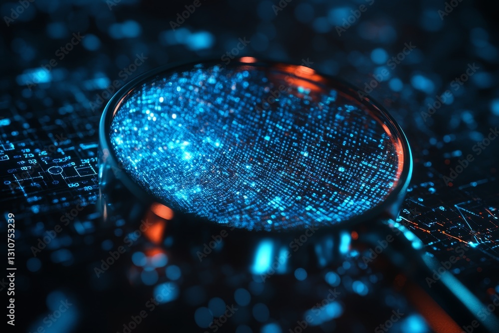 Aufkleber digital magnifying glass over data network background