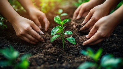 Fototapeta premium Hands Planting Young Green Seedling in Rich Dark Soil with Sunlight and Greenery in Background