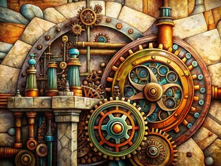 Fototapeta premium Ornate Steampunk Architectural Blueprint on Mottled Stone Background - Stock Photo