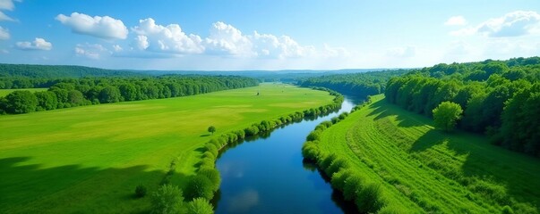 "Aerial view of winding river flowing through lush green landscape under clear blue sky", river, scenic