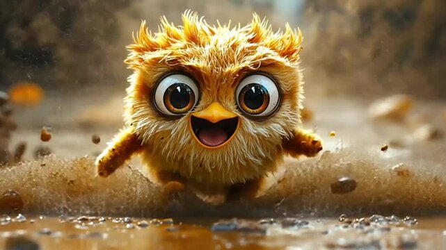 Cute fluffy bird running through a puddle, happy expression, cartoon style, digital art