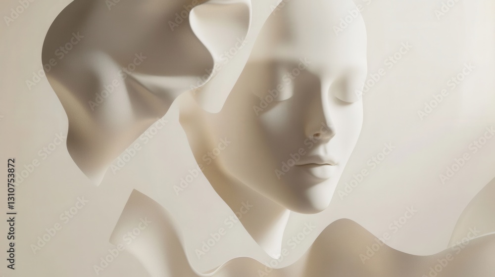 Aufkleber Minimalist floating 3D shapes with elegant reflections and soft shadows create a futuristic atmosphere in a serene white background