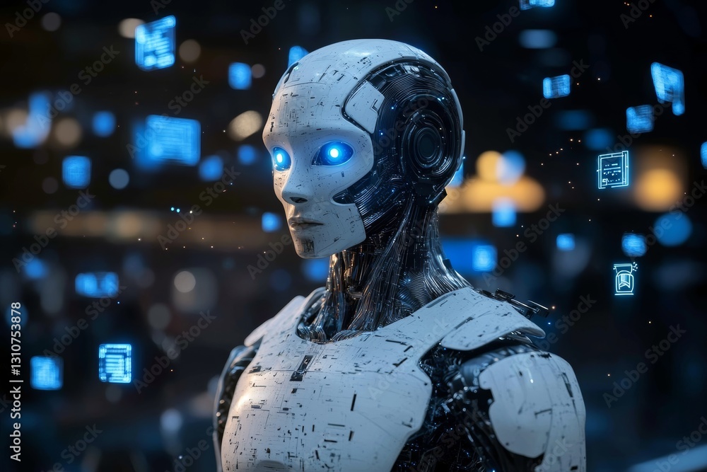 Poster futuristic robot with glowing eyes surrounded by data and technology