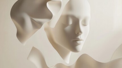 Fototapeta premium Minimalist floating 3D shapes with elegant reflections and soft shadows create a futuristic atmosphere in a serene white background