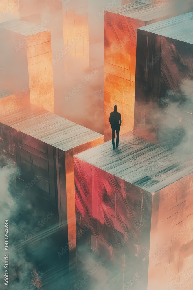 Poster man standing amidst abstract blocks with misty atmosphere