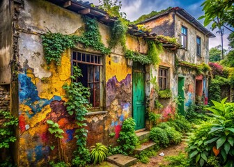 Obraz premium Overgrown Graffiti-Covered Abandoned Houses - Urban Decay Stock Photo