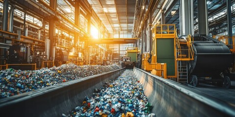 Industrial recycling facility with machinery processing plastic waste under bright sunset lighting