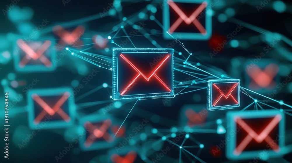 Poster email inbox with warning signs over certain messages, indicating potential phishing scams