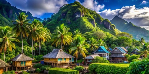 Naklejka premium Pago Pago, American Samoa: Vibrant Tropical Island Houses with High Depth of Field